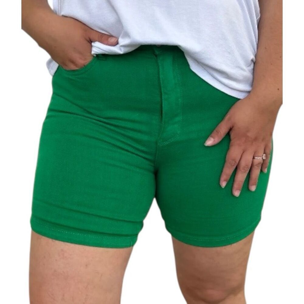 Judy Blue Shorts Green High Rise Tummy Control Cuffed Garment Dyed Stretch Denim - Picture 8 of 16